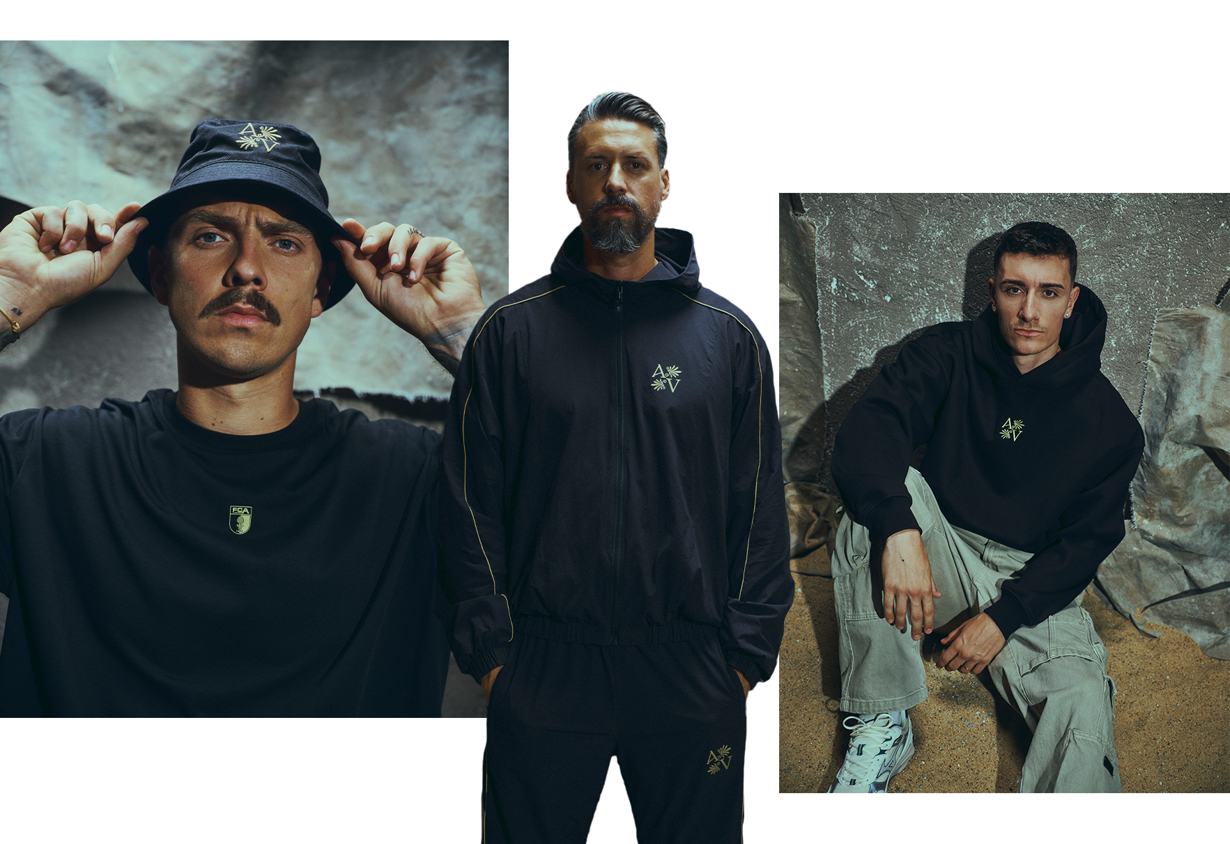 Phillip Tietz, Cheftrainer Sandro Wagner und Cédric Zesiger stellen die neue schwarz-goldene AV-Kollektion vor. 